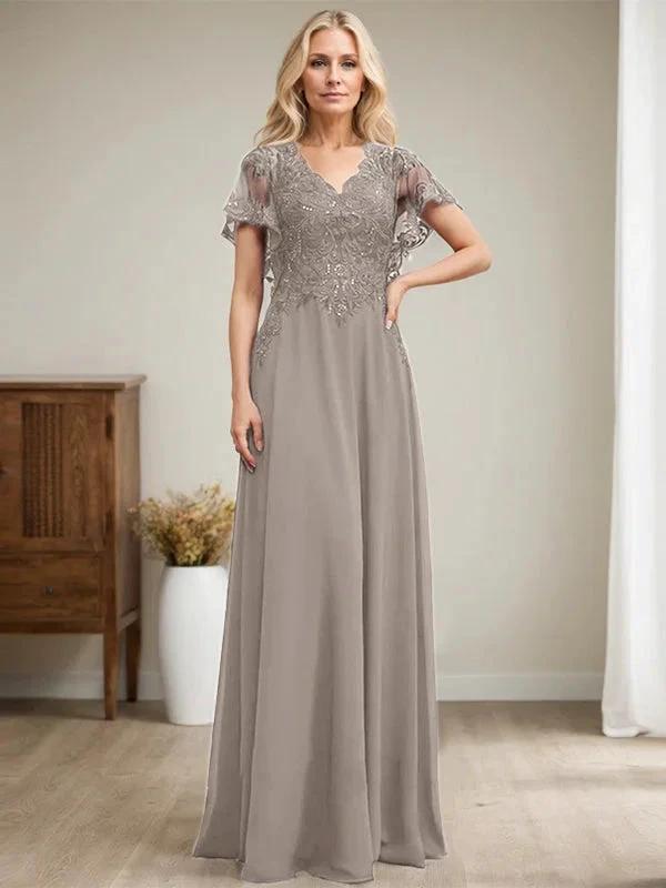 A-line V-Neck Floor-Length Lace Chiffon Mother of the Bride Dress With Sequins by Dreamylily