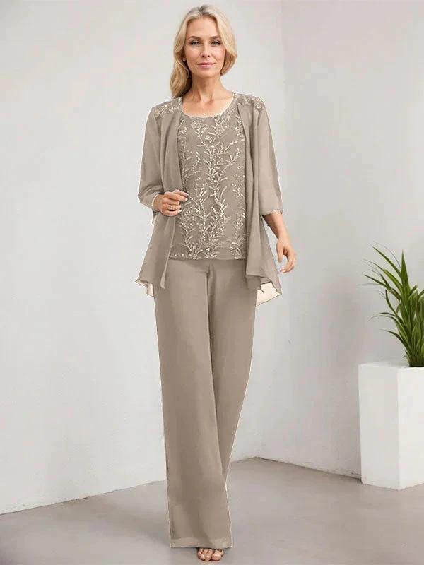 Separates Jumpsuit/Pantsuit Scoop Floor-Length Lace Chiffon Mother of the Bride Dress With Sequins by Dreamylily