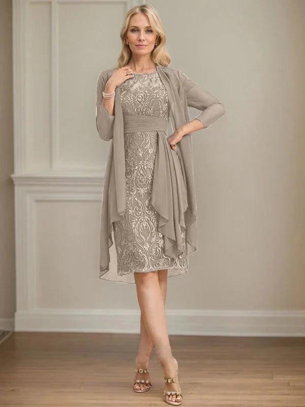 Sheath/Column Scoop Illusion Knee-Length Lace Chiffon Mother of the Bride Dress With Cascading Ruffles Sequins by Dreamylily