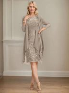 Sheath/Column Scoop Illusion Knee-Length Lace Chiffon Mother of the Bride Dress With Cascading Ruffles Sequins by Dreamylily