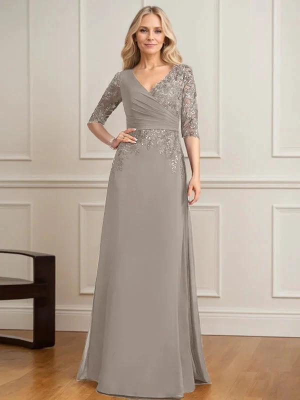 A-line V-Neck Floor-Length Lace Chiffon Mother of the Bride Dress With Pleated Sequins by Dreamylily