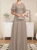 A-line Scoop Illusion Floor-Length Lace Chiffon Mother of the Bride Dress With Sequins by Dreamylily
