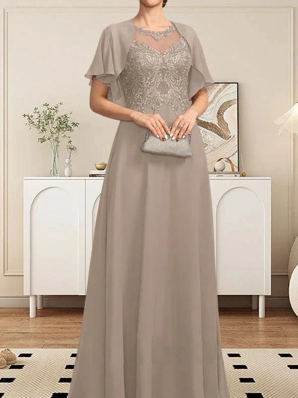 A-line Scoop Illusion Floor-Length Lace Chiffon Mother of the Bride Dress With Sequins by Dreamylily