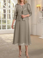 A-line Scoop Tea-Length Lace Chiffon Mother of the Bride Dress With Sequins by Dreamylily
