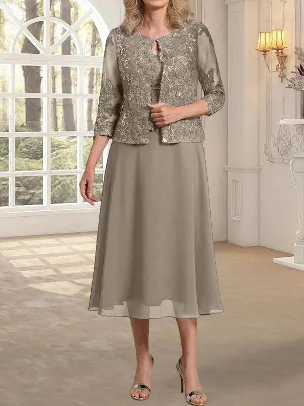 A-line Scoop Tea-Length Lace Chiffon Mother of the Bride Dress With Sequins by Dreamylily