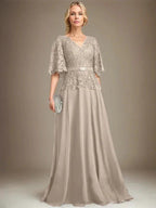 A-line V-Neck Floor-Length Chiffon Lace Mother of the Bride Dress With Crystal Brooch Rhinestone by Dreamylily