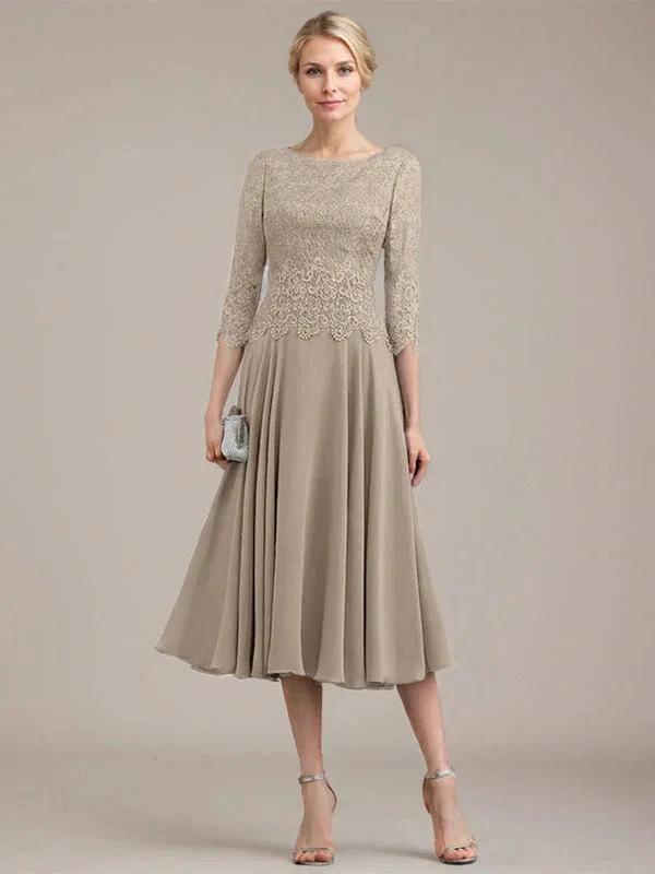 A-line Scoop Tea-Length Lace Chiffon Mother of the Bride Dress by Dreamylily