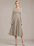 A-line Scoop Tea-Length Lace Chiffon Mother of the Bride Dress by Dreamylily