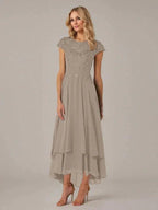 A-line Boat Neck Illusion Asymmetrical Chiffon Lace Mother of the Bride Dress With Applique Pleats by Dreamylily