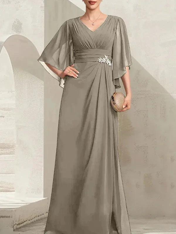 Sheath/Column V-Neck Floor-Length Chiffon Mother of the Bride Dress With Pleated Sequins Beading by Dreamylily
