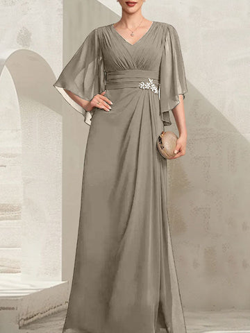 Vestido de gasa para madre de la novia, con escote en V, largo hasta el suelo, con lentejuelas plisadas y abalorios