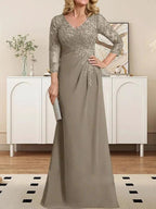 Sheath/Column V-Neck Illusion Floor-Length Lace Chiffon Mother of the Bride Dress With Pleated Sequins by Dreamylily