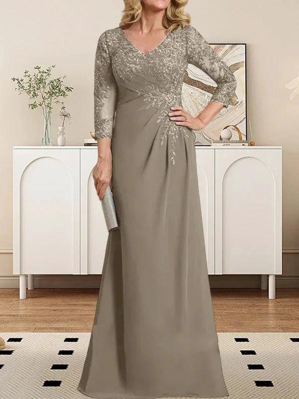 Sheath/Column V-Neck Illusion Floor-Length Lace Chiffon Mother of the Bride Dress With Pleated Sequins by Dreamylily