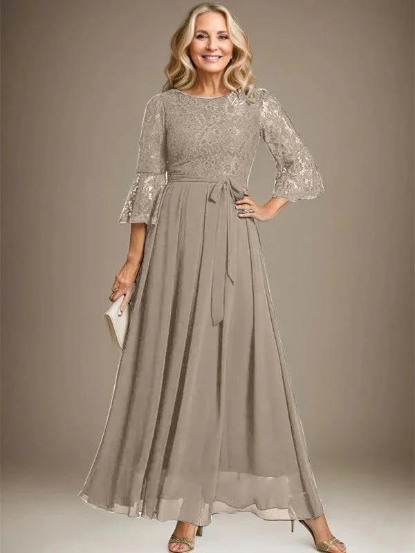 A-line Scoop Ankle-Length Lace Chiffon Mother of the Bride Dress With Bow by Dreamylily