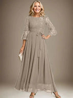 A-line Scoop Ankle-Length Lace Chiffon Mother of the Bride Dress With Bow by Dreamylily