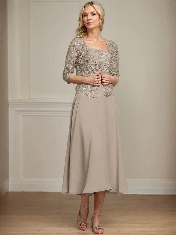 A-line Square Tea-Length Chiffon Lace Mother of the Bride Dress With Sequins Beading by Dreamylily
