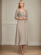 A-line Square Tea-Length Chiffon Lace Mother of the Bride Dress With Sequins Beading by Dreamylily
