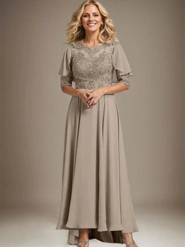 A-line Scoop Illusion Asymmetrical Chiffon Lace Mother of the Bride Dress With Beading by Dreamylily