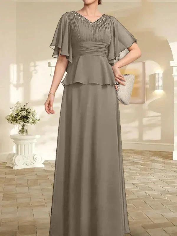 A-line V-Neck Floor-Length Chiffon Mother of the Bride Dress With Pleated Beading by Dreamylily