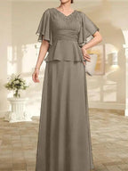 A-line V-Neck Floor-Length Chiffon Mother of the Bride Dress With Pleated Beading by Dreamylily