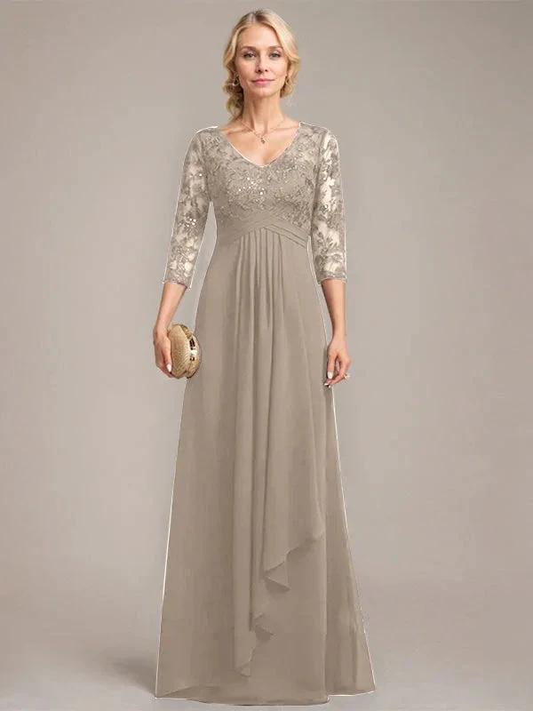 A-line V-Neck Floor-Length Lace Chiffon Mother of the Bride Dress With Cascading Ruffles Sequins by Dreamylily