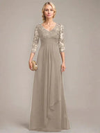 A-line V-Neck Floor-Length Lace Chiffon Mother of the Bride Dress With Cascading Ruffles Sequins by Dreamylily