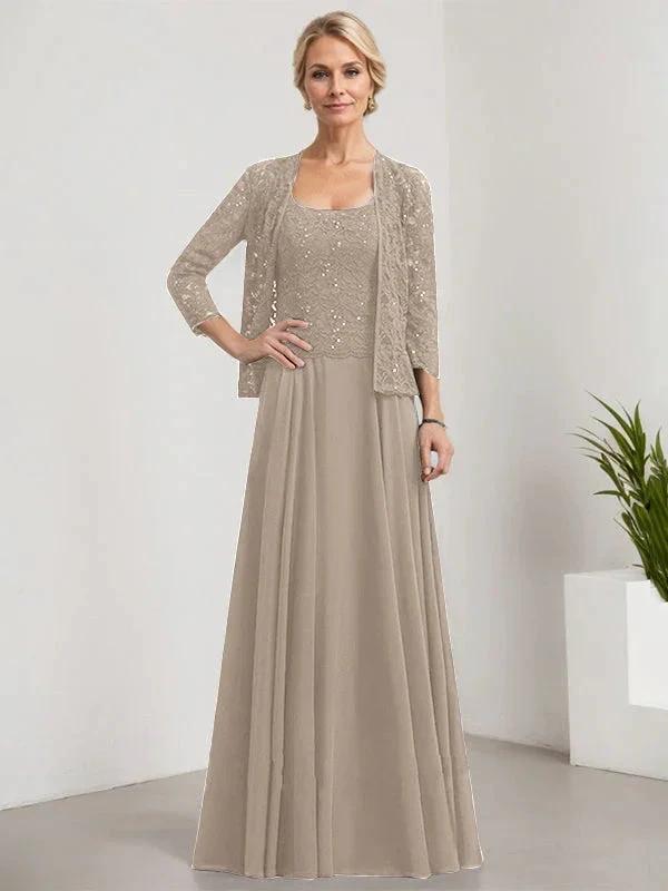 A-line Square Floor-Length Lace Chiffon Mother of the Bride Dress With Sequins by Dreamylily