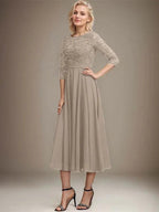 A-line Scoop Tea-Length Lace Chiffon Mother of the Bride Dress With Sequins by Dreamylily