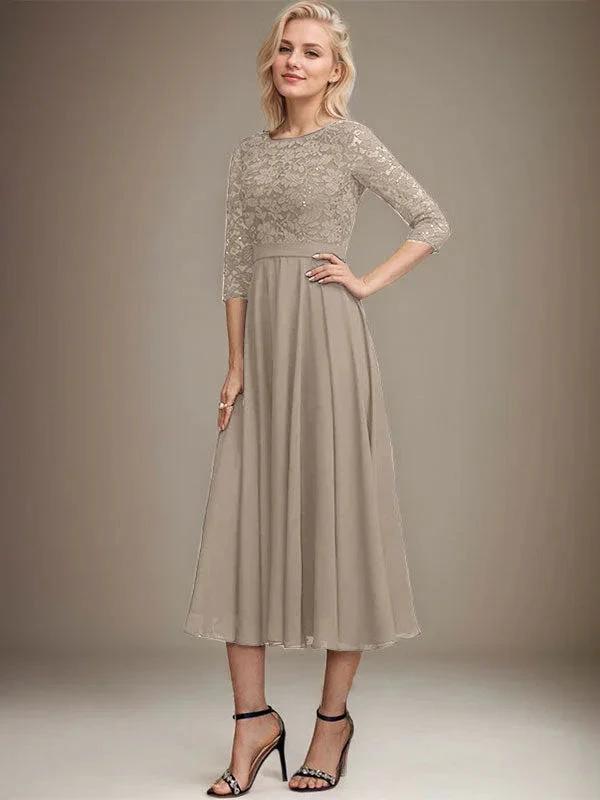 A-line Scoop Tea-Length Lace Chiffon Mother of the Bride Dress With Sequins by Dreamylily