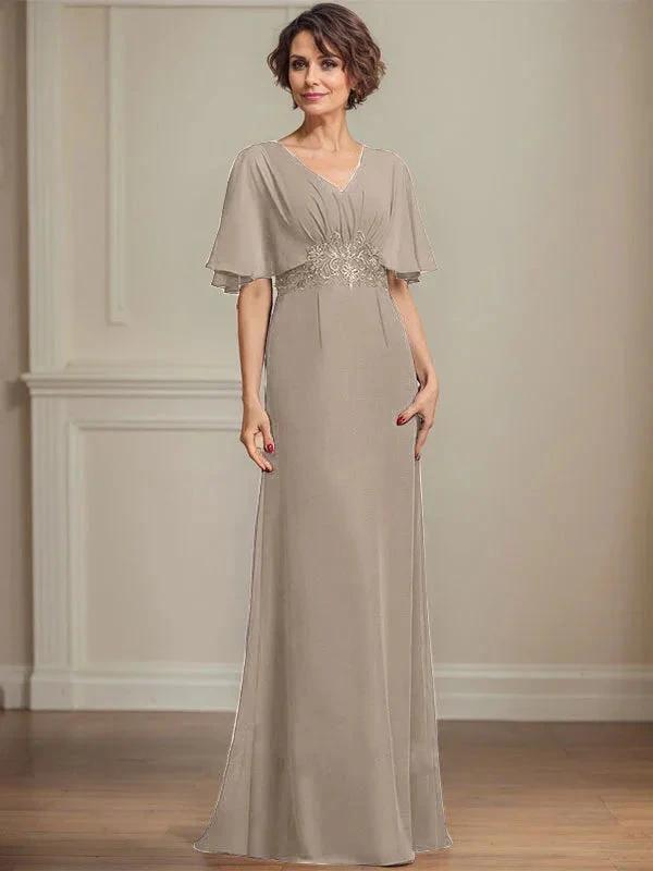A-line V-Neck Floor-Length Chiffon Mother of the Bride Dress With Pleated Sequins Appliques Lace by Dreamylily