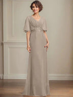 A-line V-Neck Floor-Length Chiffon Mother of the Bride Dress With Pleated Sequins Appliques Lace by Dreamylily