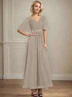 A-line V-Neck Ankle-Length Chiffon Mother of the Bride Dress With Pleated Beading Sequins by Dreamylily