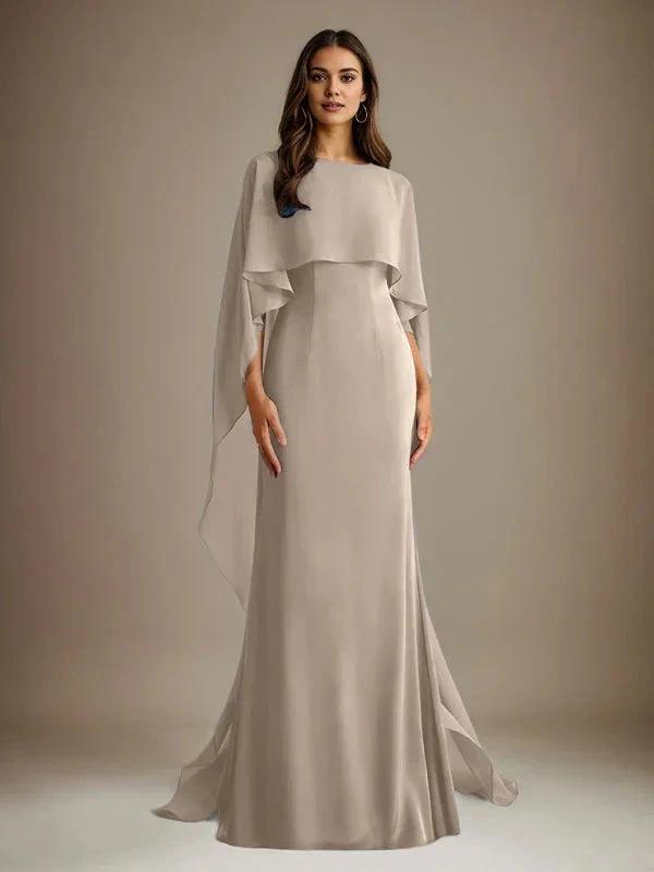 Sheath/Column Boatneck Floor-Length Chiffon Mother of the Bride Dress With Cascading Ruffles by Dreamylily