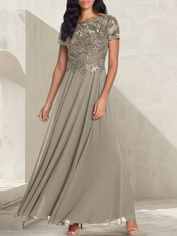 Vestido largo de madre de la novia con escote redondo, corte A, color gris carbón y cuentas