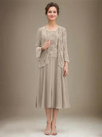 A-line Scoop Tea-Length Lace Chiffon Mother of the Bride Dress With Sequins by Dreamylily