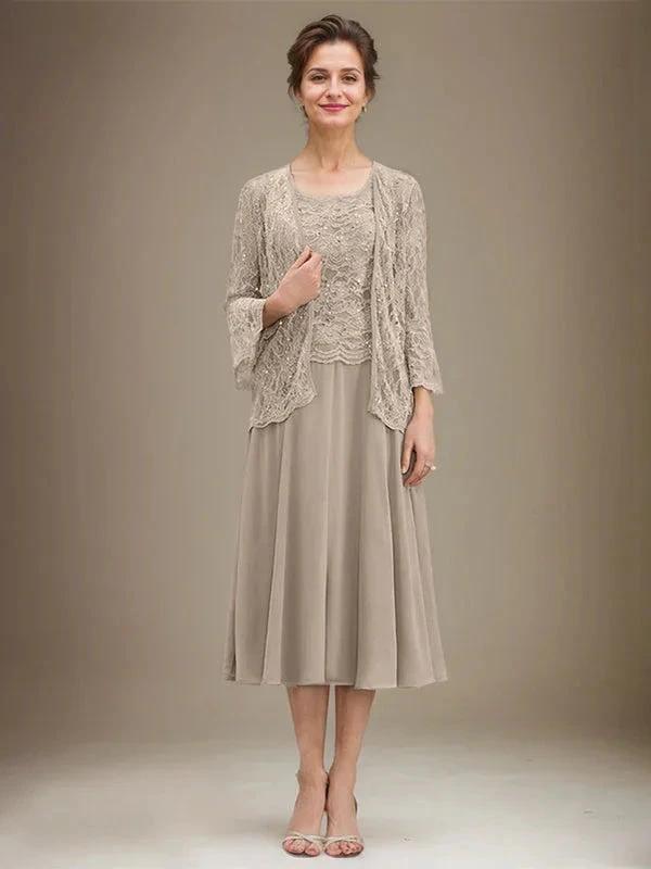 A-line Scoop Tea-Length Lace Chiffon Mother of the Bride Dress With Sequins by Dreamylily