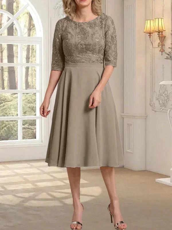 A-line Scoop Knee-Length Lace Chiffon Mother of the Bride Dress by Dreamylily