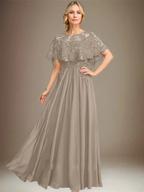 A-line Boat Neck Floor-Length Lace Chiffon Mother of the Bride Dress With Applique Sequins by Dreamylily