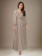 Plum A-Line Sequins Chiffon Dress