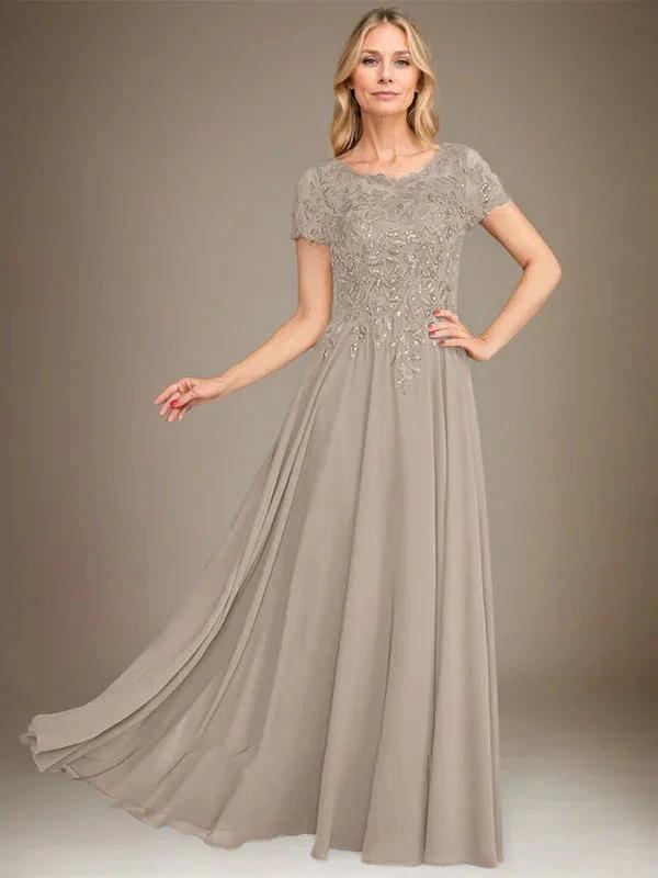 A-Line Scoop Floor-Length Chiffon Mother of the Bride Dress With Applique & Sequins by Dreamylily