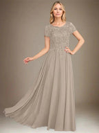 A-Line Scoop Floor-Length Chiffon Mother of the Bride Dress With Applique & Sequins by Dreamylily