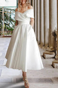 Tea Length Off The Shoulder Beach Satin Wedding Dress with Pockets WD680 by pgmdress