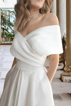 Tea Length Off The Shoulder Beach Satin Wedding Dress with Pockets WD680 by pgmdress