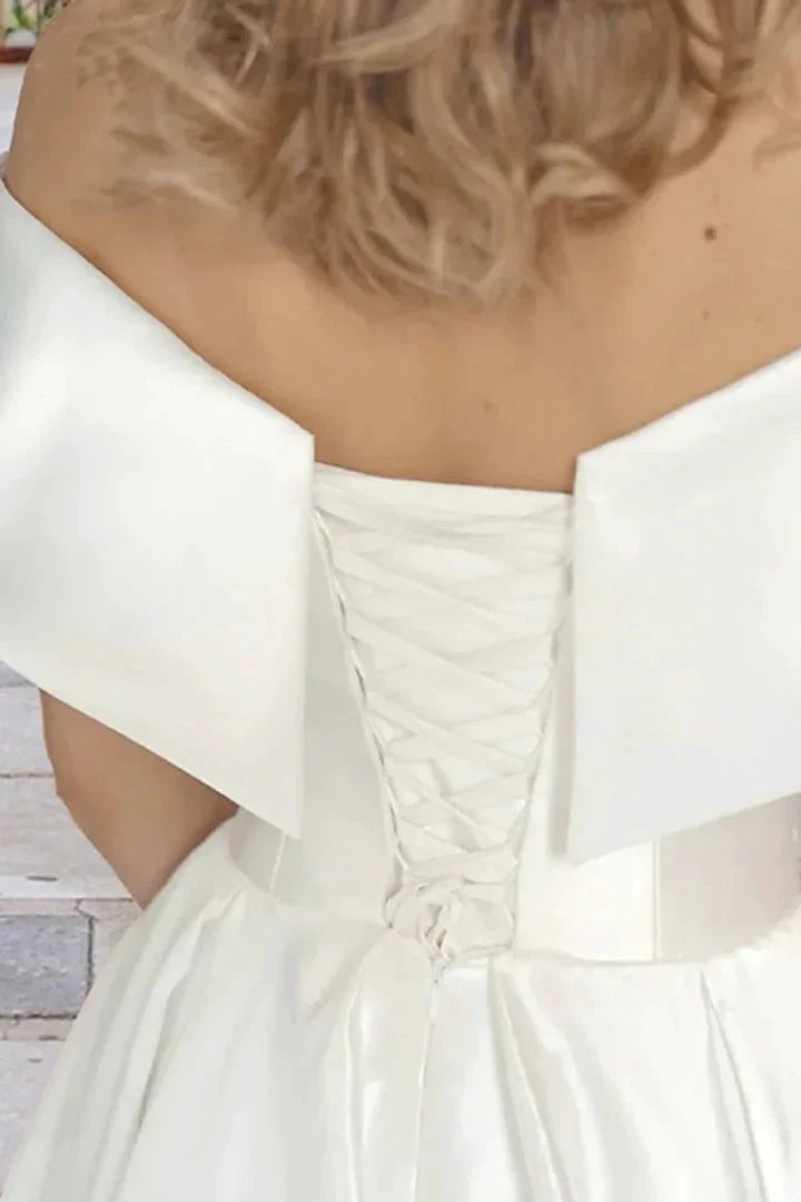 Tea Length Off The Shoulder Beach Satin Wedding Dress with Pockets WD680 by pgmdress