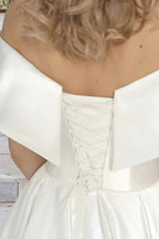 Tea Length Off The Shoulder Beach Satin Wedding Dress with Pockets WD680 by pgmdress