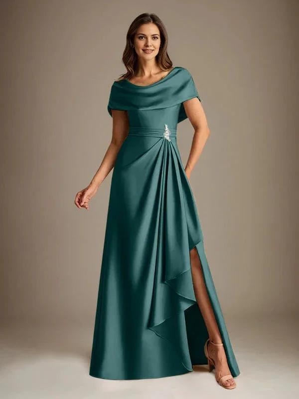 A-Line Scoop Floor-Length Stretch Satin Mother of the Bride Dress With Cascading Ruffles by Dreamylily