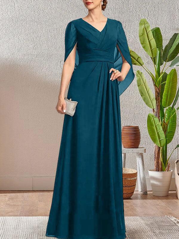 Dark Navy A-Line V-Neck Long Mother of Bride Dress by Dreamylily