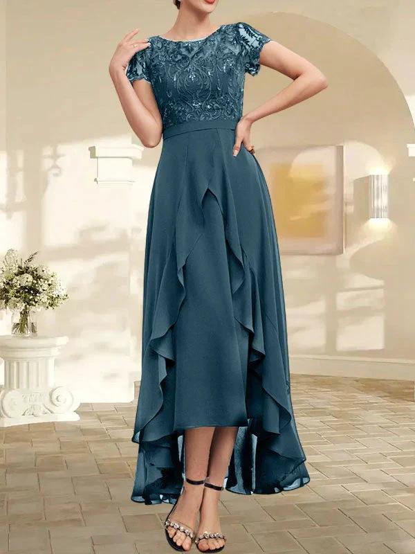 A-line Scoop Illusion Asymmetrical Chiffon Lace Mother of the Bride Dress With Bow Ruffle Sequins by Dreamylily