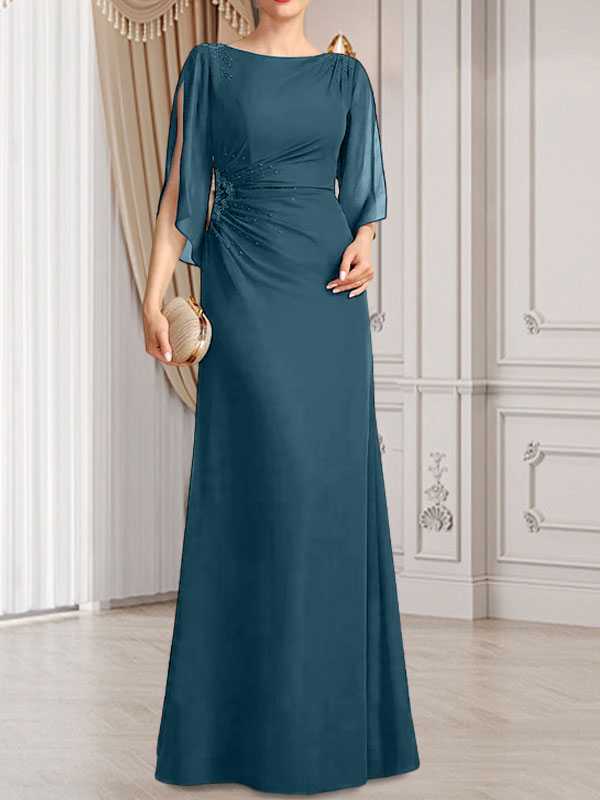 Etui-Linie/Säule U-Ausschnitt Bodenlang Chiffon Kleid für die Brautmutter mit Plissee Perlenbesatz