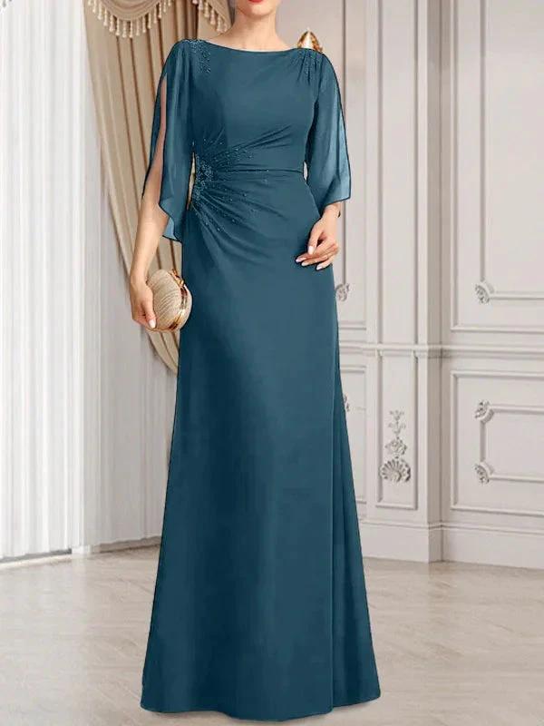 Sheath/Column Scoop Floor-Length Chiffon Mother of the Bride Dress With Pleated Beading by Dreamylily